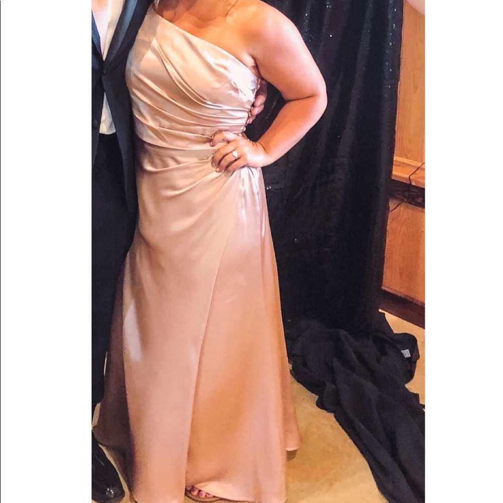 David's Bridal One-Shoulder Satin Dress in Champagne